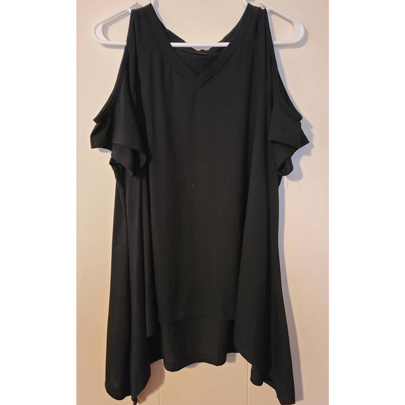 Black Handkerchief Top Women's Size XL V-Neck Cold Shoulder Cotton Blend (VA1) - Picture 1 of 6